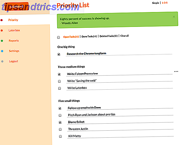 Als u de taken die moeten worden uitgevoerd nooit doorkomt, moet u prioriteiten stellen voor uw takenlijsten.  Probeer de eenvoudige 1-3-5-productiviteitsmethode met een nieuwe web-app met de naam Laterbox.